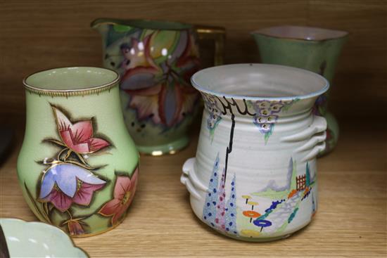 A group of Carlton Ware 1930s lime green ground pottery comprising six vases, a dish and a jug tallest 18cm